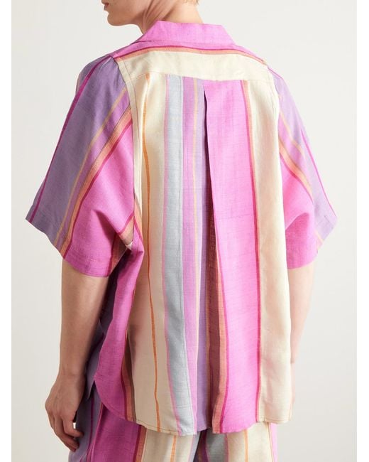 Kardo Pink Yusuke Convertible-collar Embroidered Striped Silk Shirt for men