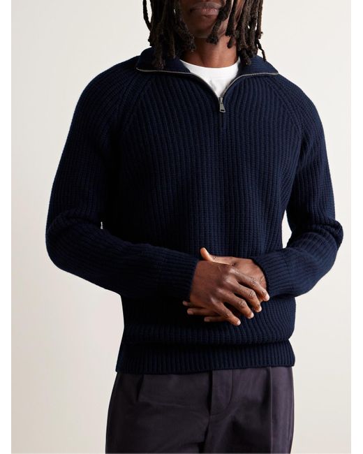 Ghiaia Blue Ribbed Wool Half-zip Sweater for men