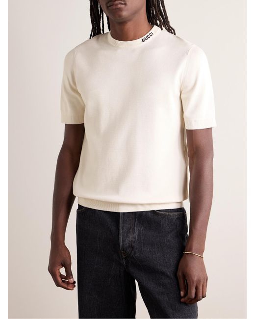 Gucci T-Shirt aus einer Seiden-Baumwollmischung mit Intarsienlogomotiv in Natural für Herren