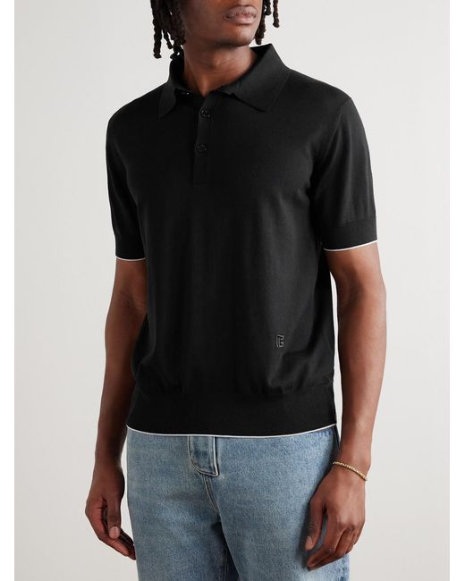 Balmain Black Logo-Embroidered Silk-Blend Polo Shirt for men