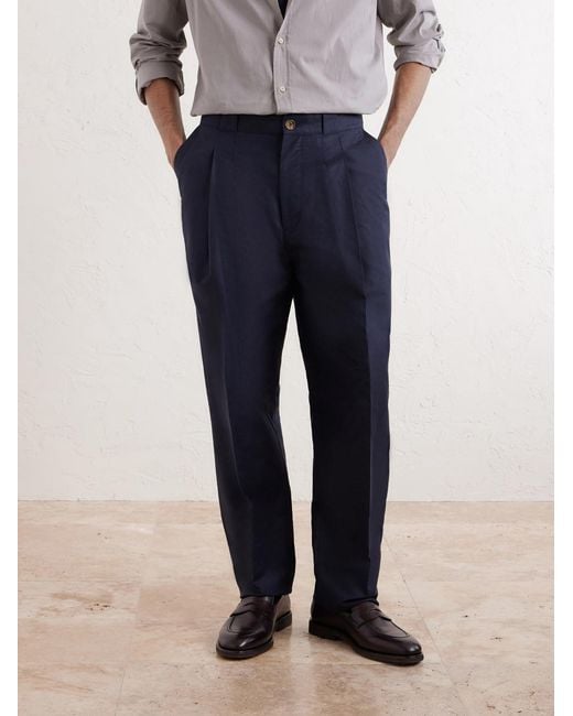 Brunello Cucinelli Blue Tapered Pleated Cotton And Linen-blend Trousers for men