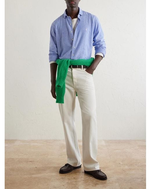 Polo Ralph Lauren Blue Striped Logo-Embroidered Cotton And Linen-Blend Seersucker Shirt for men