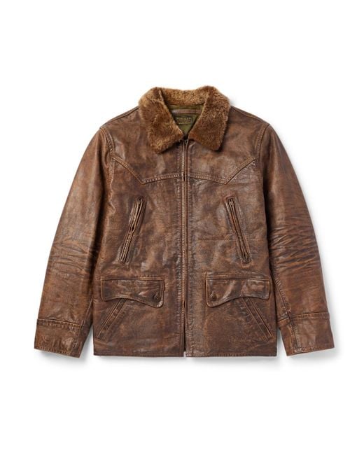 RRL Brown Thurston Shearling-Trimmed Distressed Leather Jacket for men