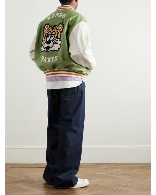 KENZO Verdy Collegejacke aus Filz aus einer Wollmischung mit Lederbesatz und Logostickerei in Green für Herren