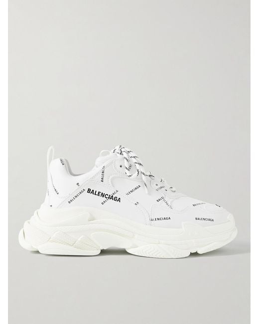 Balenciaga White Triple S Logo-Print Faux Leather Sneakers for men