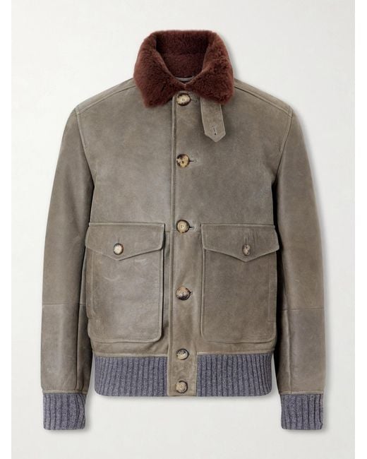 Brunello Cucinelli Brown Shearling Bomber Jacket for men