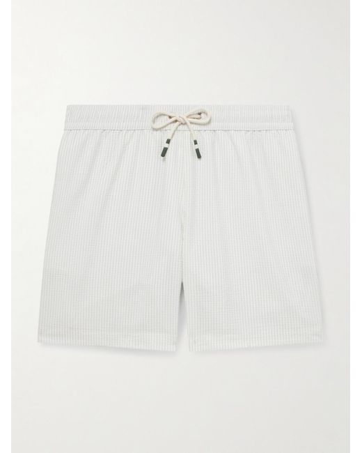 Hartford White Straight-Leg Mid-Length Striped Seersucker Swim Shorts for men