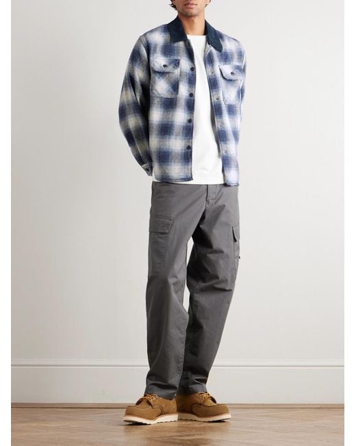 Remi Relief Blue Corduroy-Trimmed Checked Cotton-Flannel Shirt for men