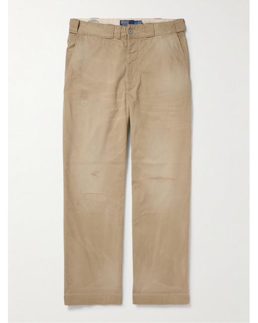 Polo Ralph Lauren Natural Straight-Leg Embroidered Distressed Cotton-Twill Trousers for men