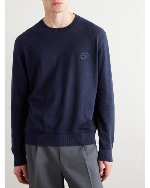 Etro Blue Logo-embroidered Cotton And Cashmere-blend Sweater for men