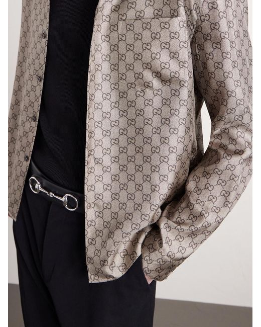 Gucci White Camp-Collar Logo-Jacquard Silk-Twill Shirt for men