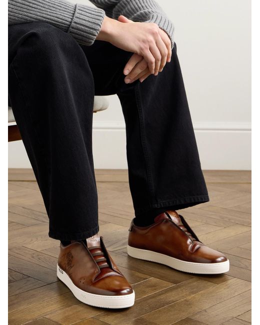 Berluti Brown Playtime Scritto Venezia Leather Slip-On Sneakers for men