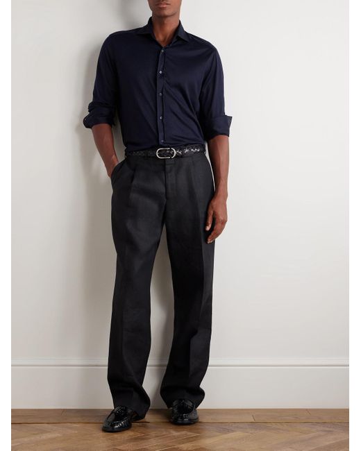 Brunello Cucinelli Schmal geschnittenes Hemd aus einer Seiden-Baumwollmischung mit Cutaway-Kragen in Blue für Herren