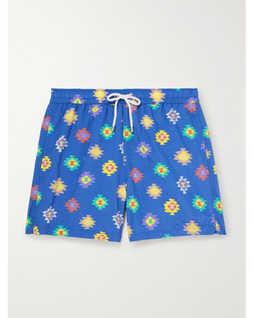 Drake's Blue Kelim Straight-Leg Mid-Length Printed Swim Shorts for men