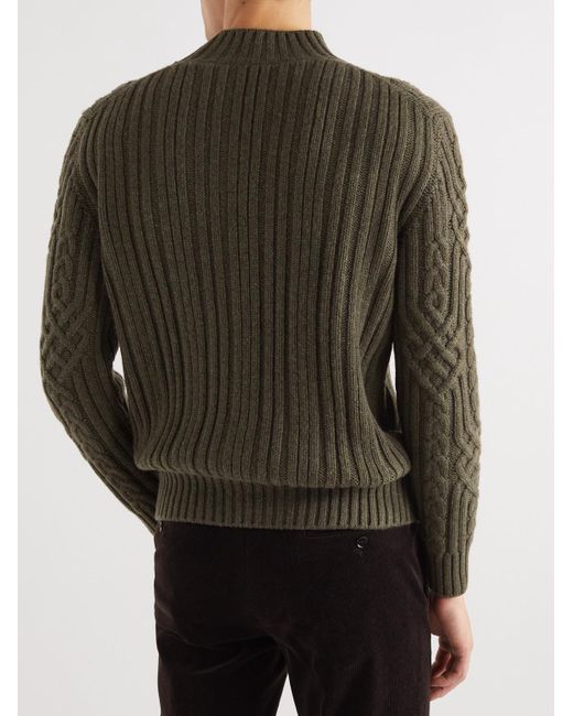 Loro Piana Green Ribbed Cable-Knit Cashmere Rollneck Sweater for men