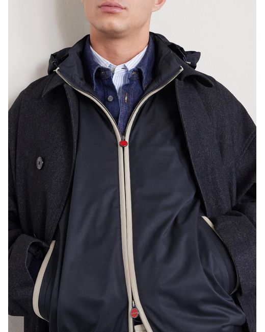 Kiton Blue Suede-Trimmed Shell Hooded Jacket for men