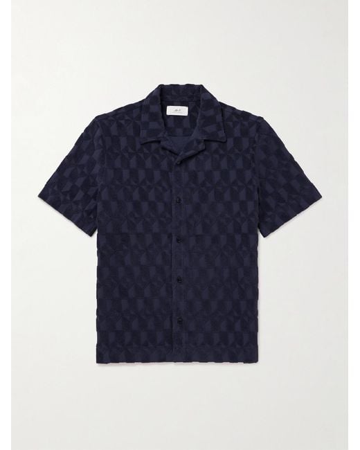 Mr P. Blue Camp-Collar Organic Cotton-Terry Jacquard Shirt for men