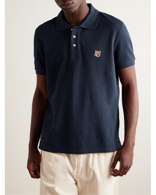 Maison Kitsuné Blue Logo-appliquéd Cotton-piqué Polo Shirt for men