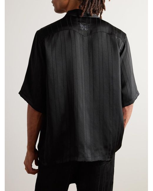 Needles Black Camp-collar Logo-embroidered Striped Georgette Western Shirt for men