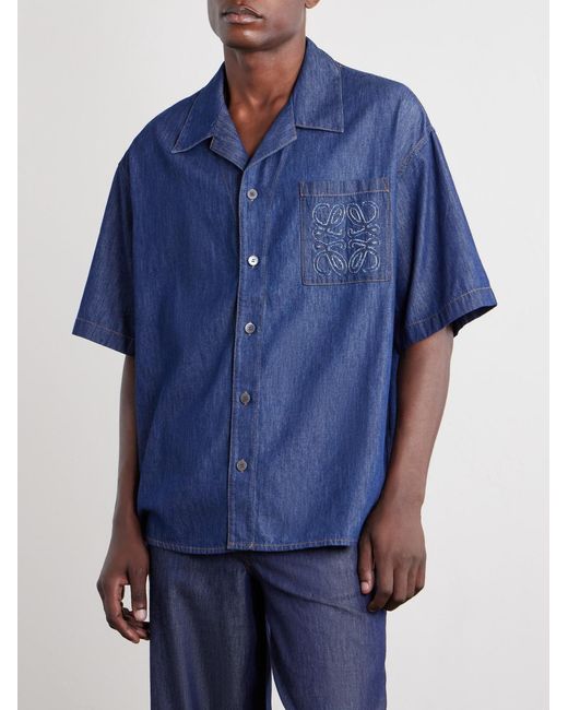 Loewe Blue Camp-Collar Anagram-Detail Denim Shirt for men