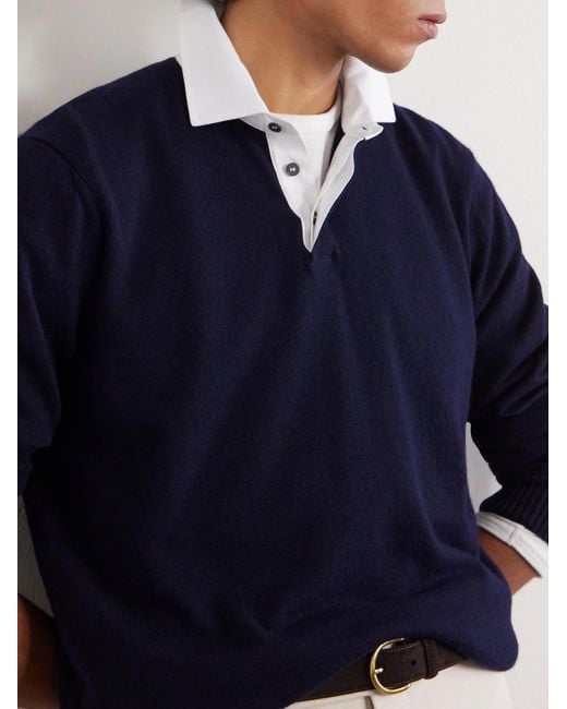 Dunhill Blue Cotton-trimmed Cashmere And Linen-blend Polo Shirt for men