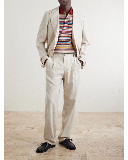 Oliver Spencer White Morton Straight-Leg Pleated Cotton And Linen-Blend Trousers for men