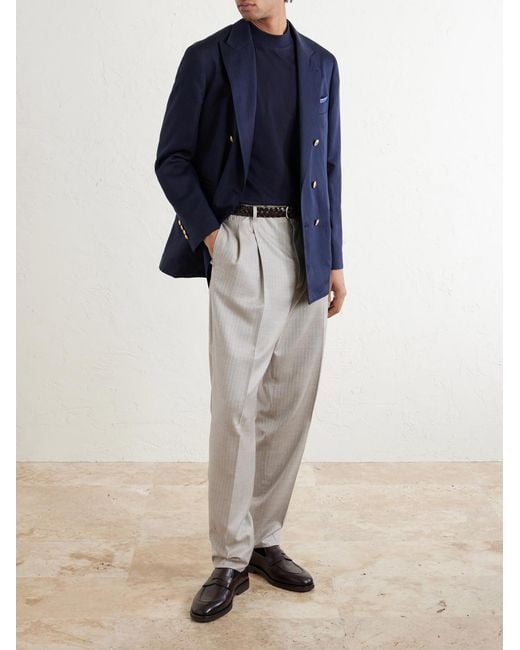 Brunello Cucinelli Blue Double-breasted Silk And Linen-blend Blazer for men