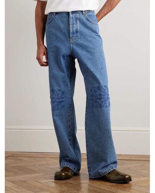 Loewe Blue Anagram Wide-Leg Logo-Embroidered Jeans for men