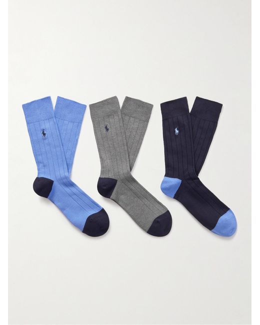 Polo Ralph Lauren Blue Three-pack Logo-embroidered Stretch Cotton-blend Socks for men
