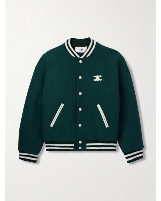 Céline Green Teddy Triomphe Leather-Trimmed Wool-Blend Varsity Jacket for men
