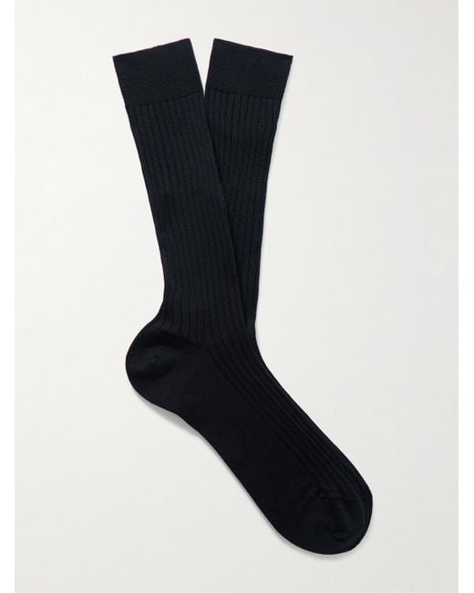 Mr P. Black Ribbed Merino Wool-Blend Socks for men