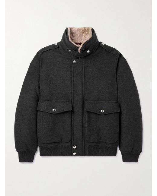 Brunello Cucinelli Black Shearling-Trimmed Cashmere Bomber Jacket for men