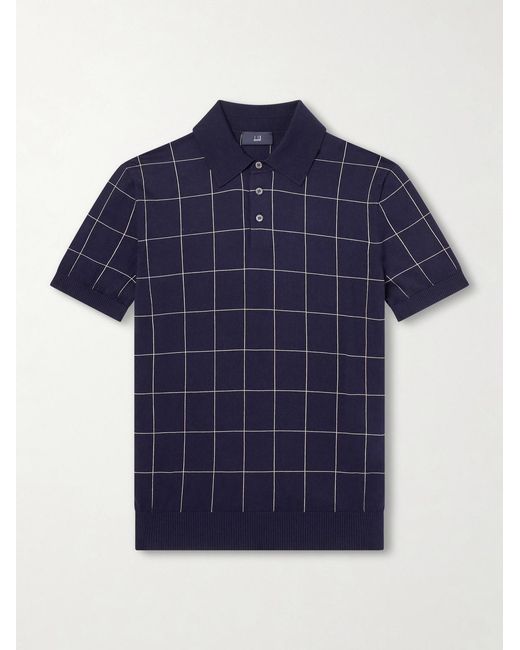 Dunhill Blue Checked Cotton And Mulberry Silk-Blend Jacquard Polo Shirt for men
