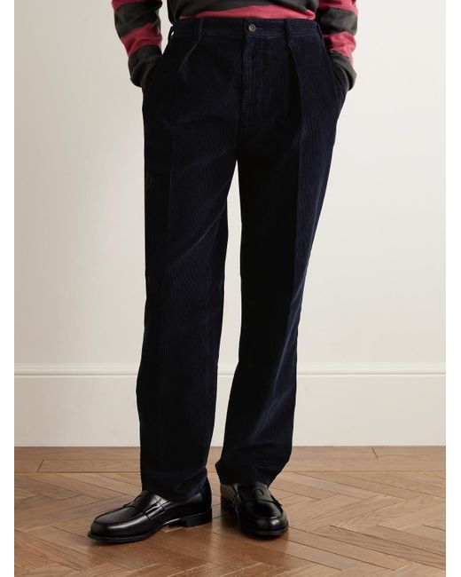 Drake's Blue Games Tapered Pleated Cotton-Corduroy Trousers for men