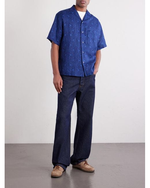 Blue Blue Japan Blue Sakura Camp-Collar-Dyed Floral-Print Linen Shirt for men