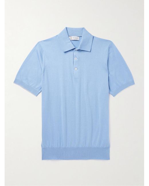 Brunello Cucinelli Blue Knitted Cotton Polo Shirt for men