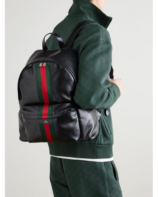 Gucci Black Large Striped Webbing-Trimmed Leather Backpack for men