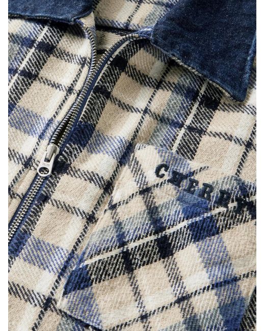 CHERRY LA Blue Chambray-trimmed Logo-embroidered Checked Cotton-flannel Shirt Jacket for men