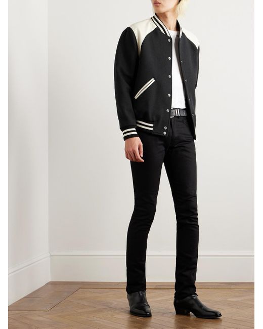 Céline Black Teddy Striped Colour-Block Leather-Trimmed Virgin Wool-Blend Varsity Jacket for men