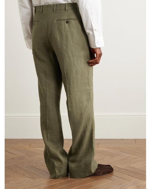 Saman Amel Green Straight-Leg Pleated Linen Suit Trousers for men
