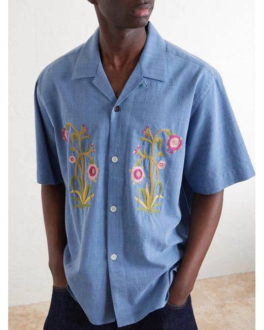 Kardo Blue Ronen Convertible-Collar Embroidered Cotton Shirt for men
