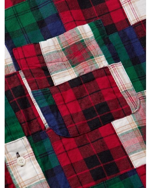 Beams Plus Red Button-Down Collar Patchworked Checked Wool-Madras Shirt for men