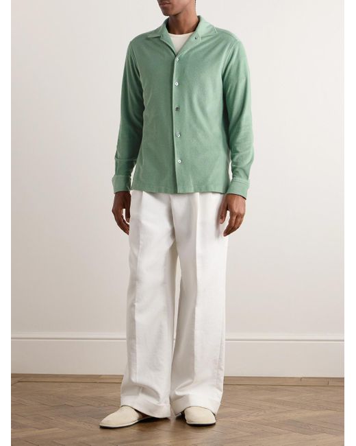 Zegna Green Camp-collar Cotton And Silk-blend Terry Shirt for men