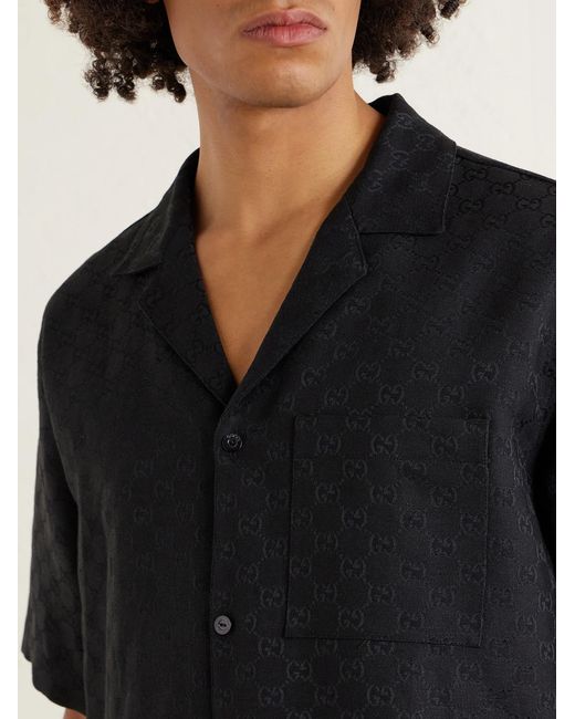 Gucci Black Camp-Collar Logo-Jacquard Linen-Blend Shirt for men