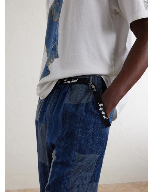 Kapital Blue Tugihagi Straight-Leg Belted Patchwork Cotton Shorts for men