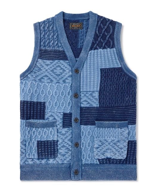 Beams Plus Blue Patchwork-Dyed Cotton Sweater Vest for men