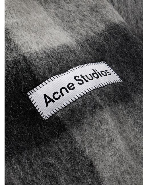 Acne Gray Fringed Checked Knitted Scarf for men