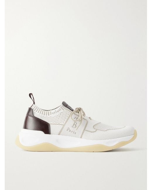 Berluti White Shadow Leather-Trimmed Stretch-Knit Sneakers for men