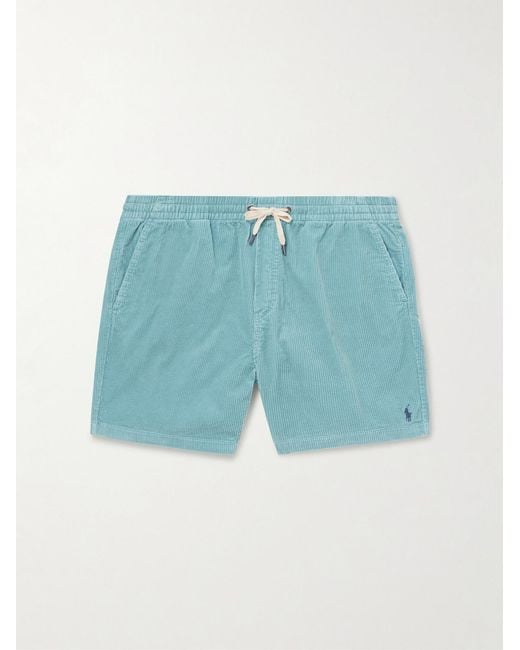 Polo Ralph Lauren Blue Straight-Leg Logo-Embroidered Cotton-Corduroy Drawstring Shorts for men