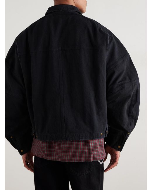 Willy Chavarria Blue Stockton Cropped Logo-Detailed Distressed Denim Jacket for men